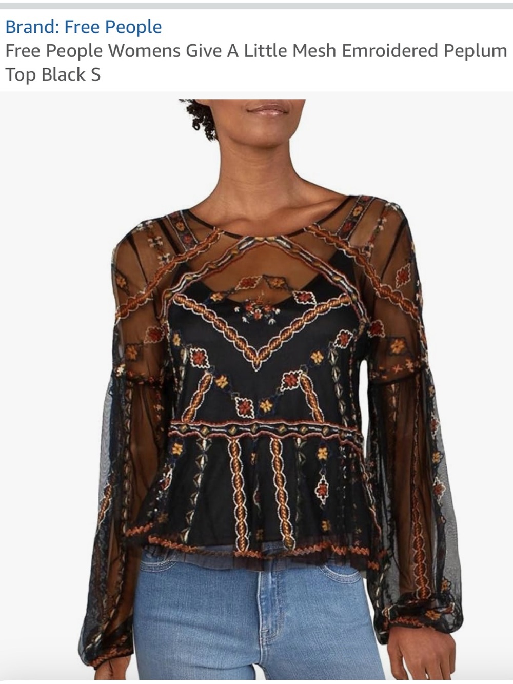 NWOT Free People Black Embroidered Peplum Mesh Blouse